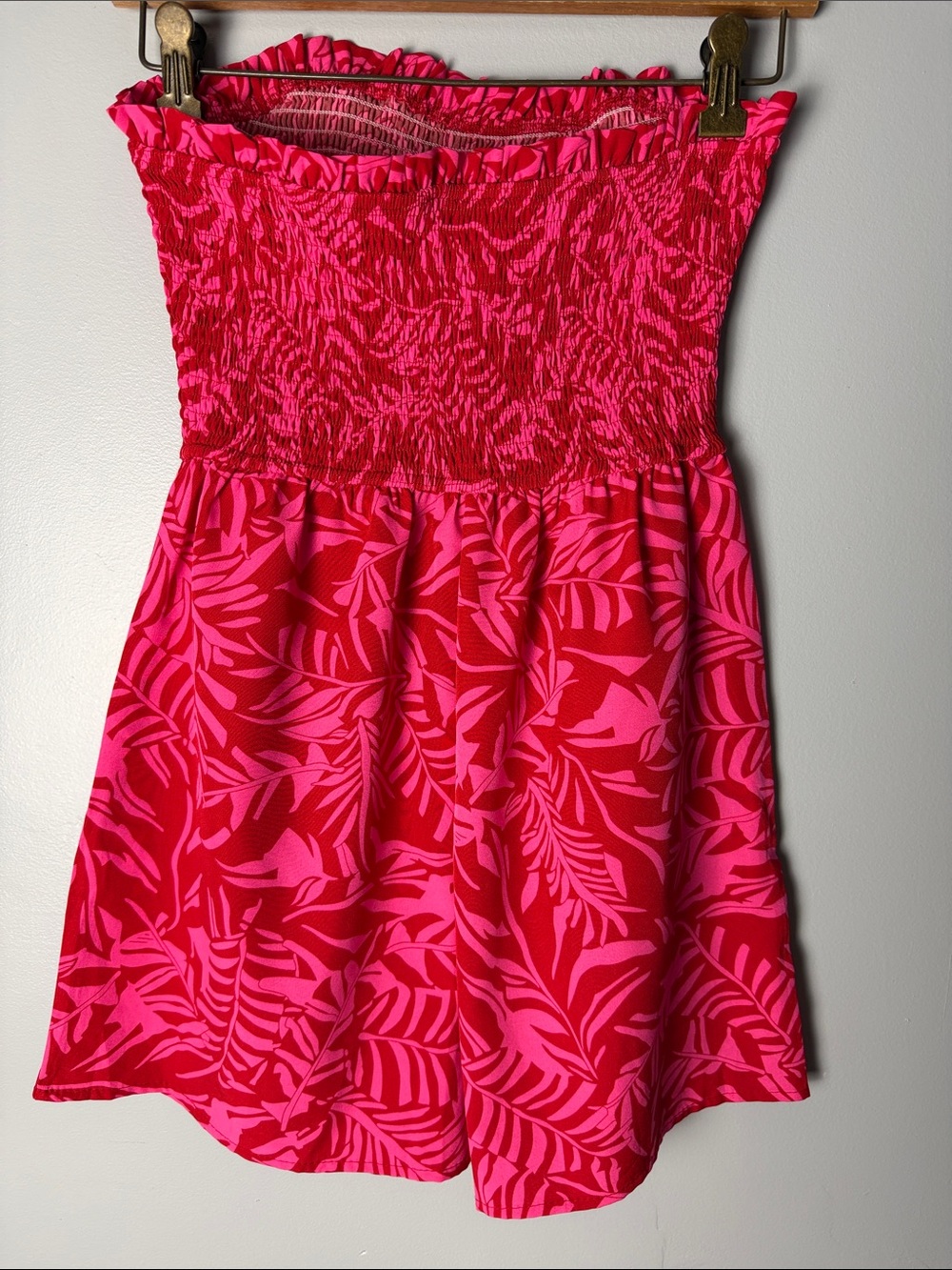 🌺 Strapless Smocked Tropical Print One-Piece Romper w/ Pockets - Pink Sz Medium - Picture 5 of 5